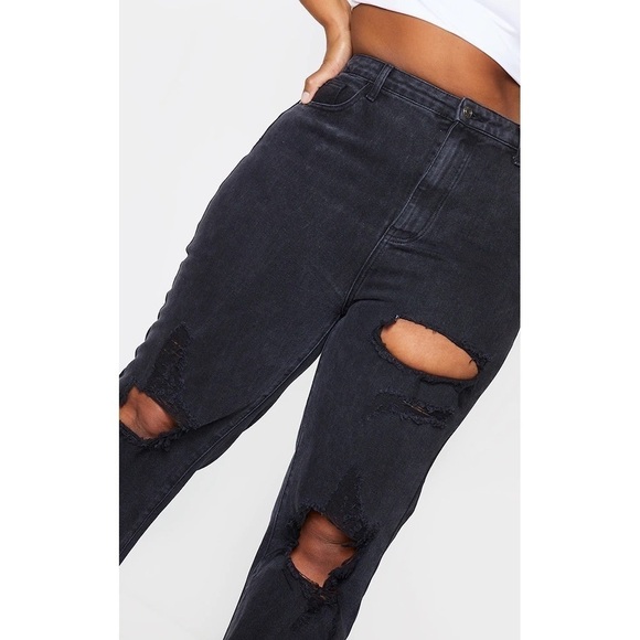 N018 RETTYLITTLETHING Plus Washed Black Ripped Straight Leg Jeans - Picture 4 of 9